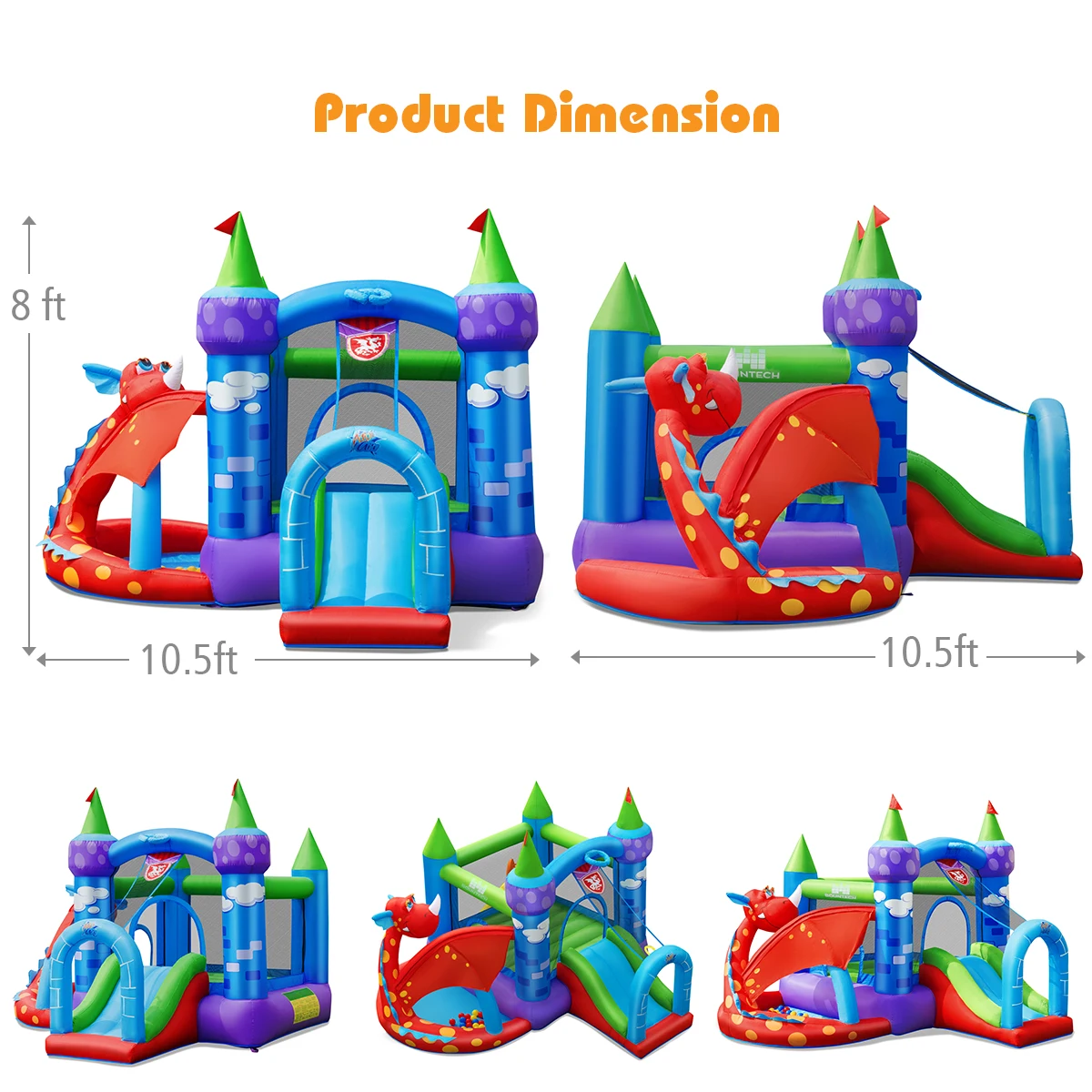 Kids Inflatable Bounce House Dragon Jumping Slide Bouncer Castle W/ 750W Blower