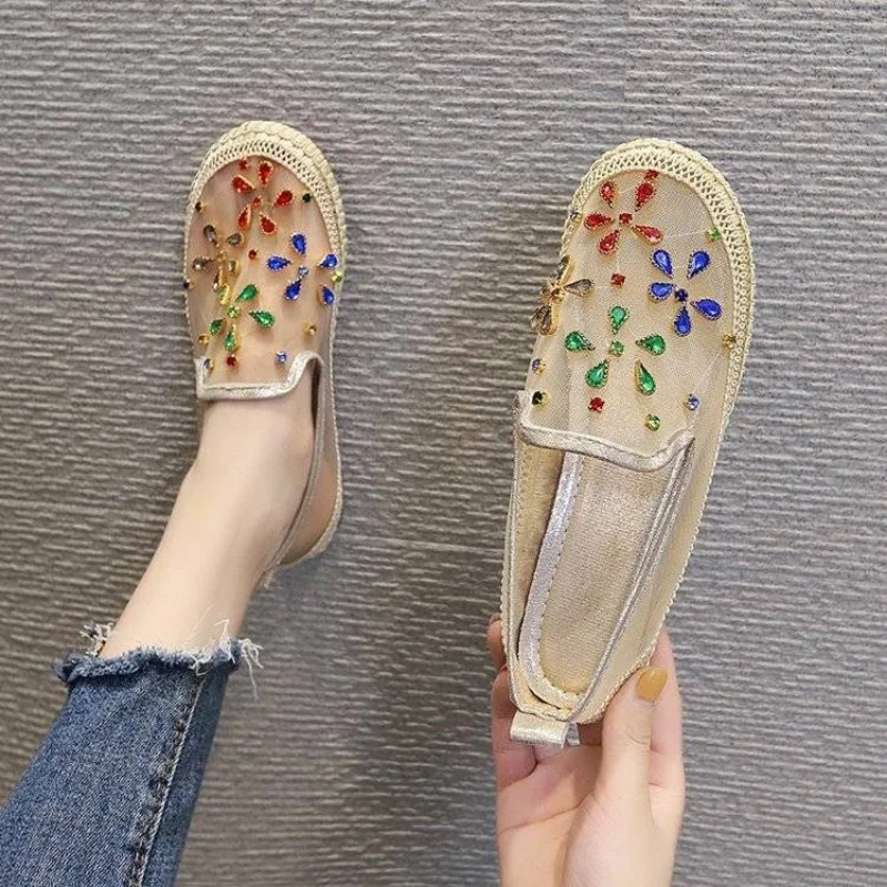 Shoes for Woman 2024 Rhinestone Diamond Flats Cute Women\'s Summer Footwear Round Toe Kawaii Flat with Crystals Stylish Popular A