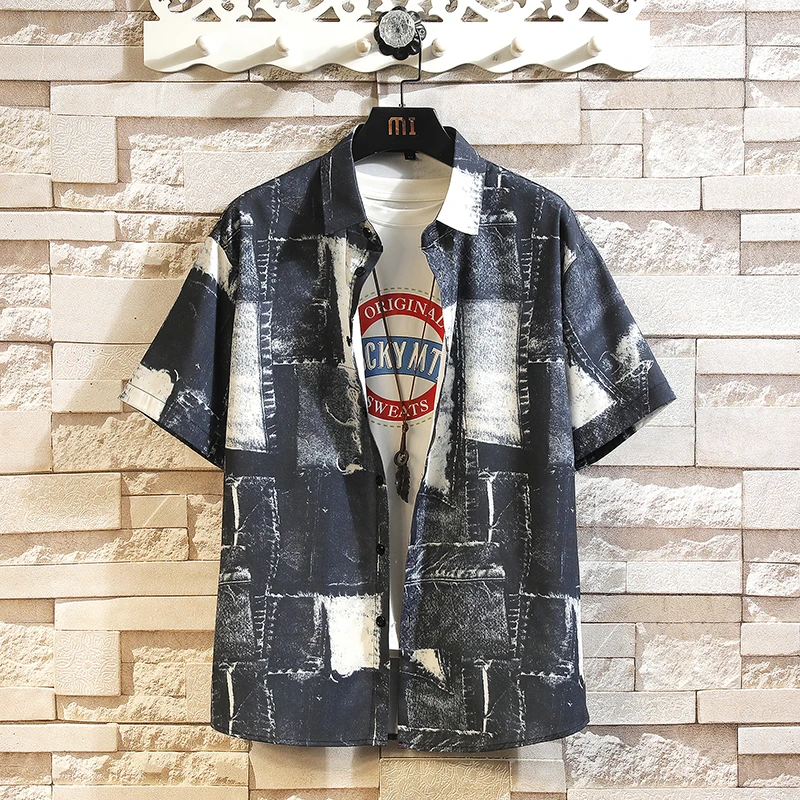 

Personalized Printing Shirt Men Loose Ice Silk Short Sleeve Shirts Casual Daily Top Blouse Beach Holiday