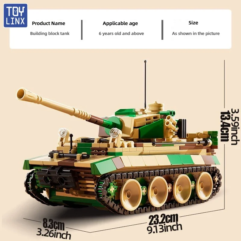 Militärischer Tiger, schwerer Panzer, Bausteine, DIY-Montagesteine, Modell 360 °   Drehbares Turmfass-Ornament als Geschenk für Jungen ab 6 Jahren