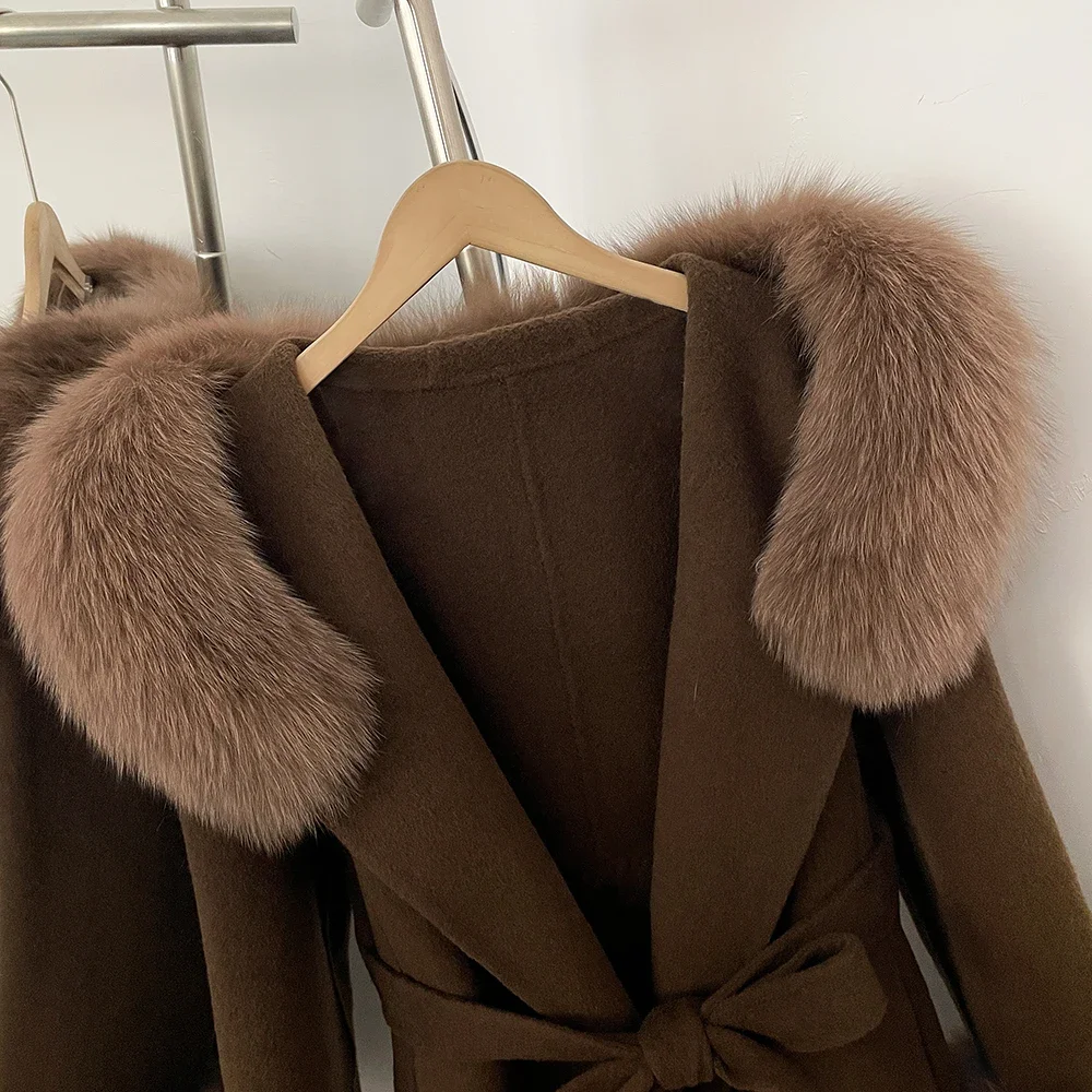 OFTBUY New Winter Warm Hood Solid Woolen Overcoat for Women Long Wool Blend Coat Women Real Fox Fur Belted Waist Jacket Female