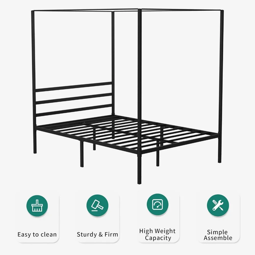 Hemelbed Frame Metalen Vier Posters 14 Inch Platform Met Ingebouwde Hoofdeinde Sterke Metalen Lamelt Matrassteun