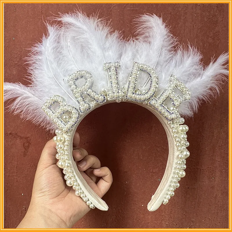 

Romantic Feather and Faux Pearl Letter Bride Headband for Bachelorette Parties and Weddings for Bridesmaids Wedding Attendees