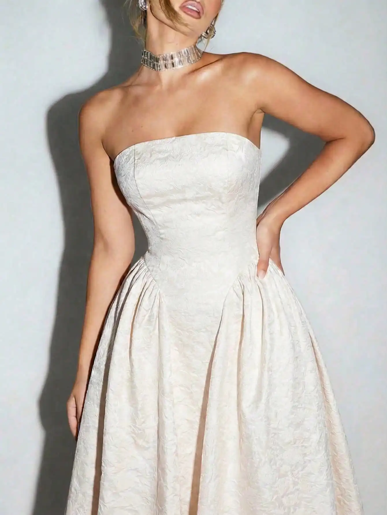 

Women's Strapless Jacquard A-Line Pleated Dress, Elegant Formal Gown for Party or Dinner