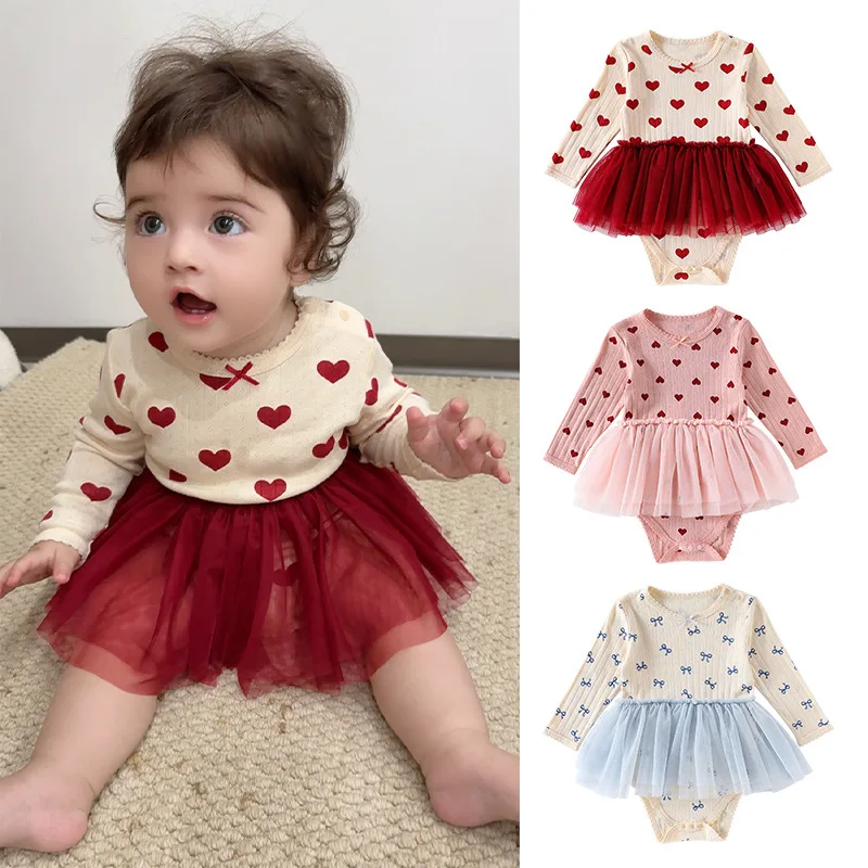 

2026 Spring Toddler Girls Rompers Love Jacquard Newborn Girls Mesh Bodysuits One-piece Kids Babygirls Jumpsuits Overalls