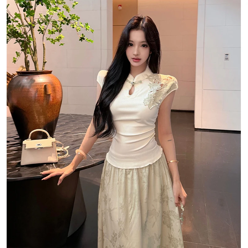 

New Chinese Style Women's Fashion Set Short Sleeve Drawstring Waist Skirt Stand Collar Half-length Draped Gentle Summer Atmos...