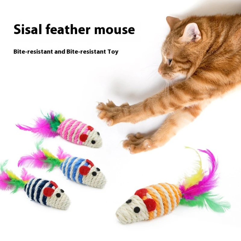 

5 pieces Sisal Knitting Cat Toy – Realistic Feather Mouse with Sound for Interactive Play Pet