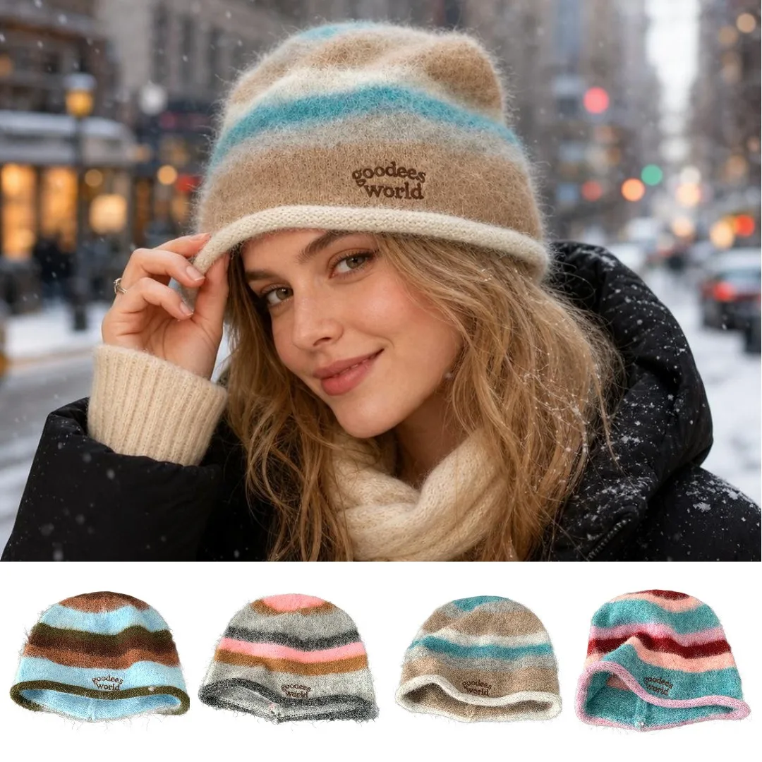 Coffee INS Color Block Stripe Plush Letter Embroidered Beanie Hat Women Knit Hat Autumn Winter Warm Soft Slouchy Skull Cap