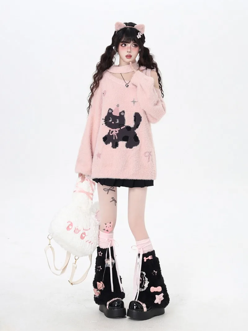 اليابانية Y2k الكرتون لطيف جرلي خارج الكتف لينة فو المنك محبوك سترة الخريف الشتاء جديد طويل الأكمام تريكو المرأة