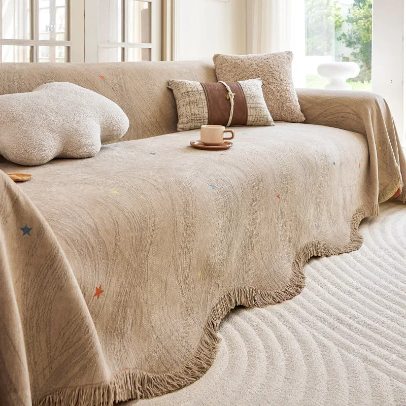 Chenille Cottagecore Sofa Throw All-Season Breathable Fringe Trim Pet-Friendly Couch Cover for Living Room Daily Indoor Decor
