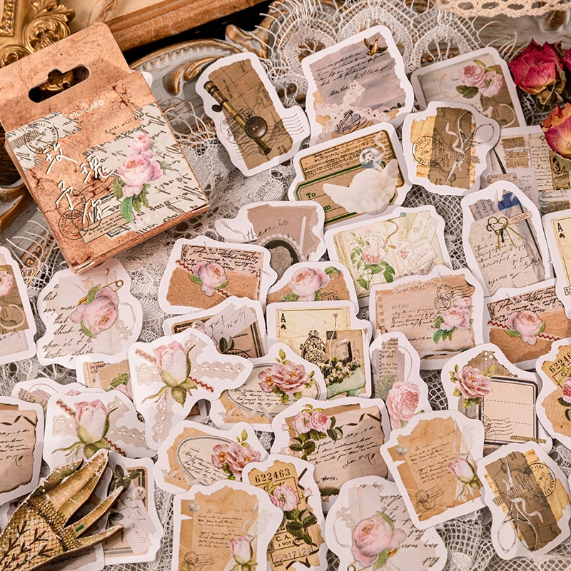 Card Lover 46 Pcs [Rose For You Series] Vintage Journal Stickers Washi Paper Sticker Paper Scrapbooking Material Scrapbook Kit