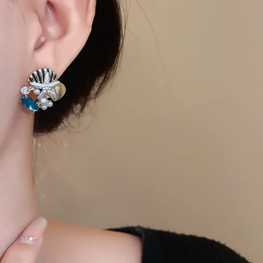 Модное милое ожерелье из ракушек морской звезды, металлическое изысканное ожерелье в морском стиле, серьги со стразами и жемчугом, пляжные украшения для женщин