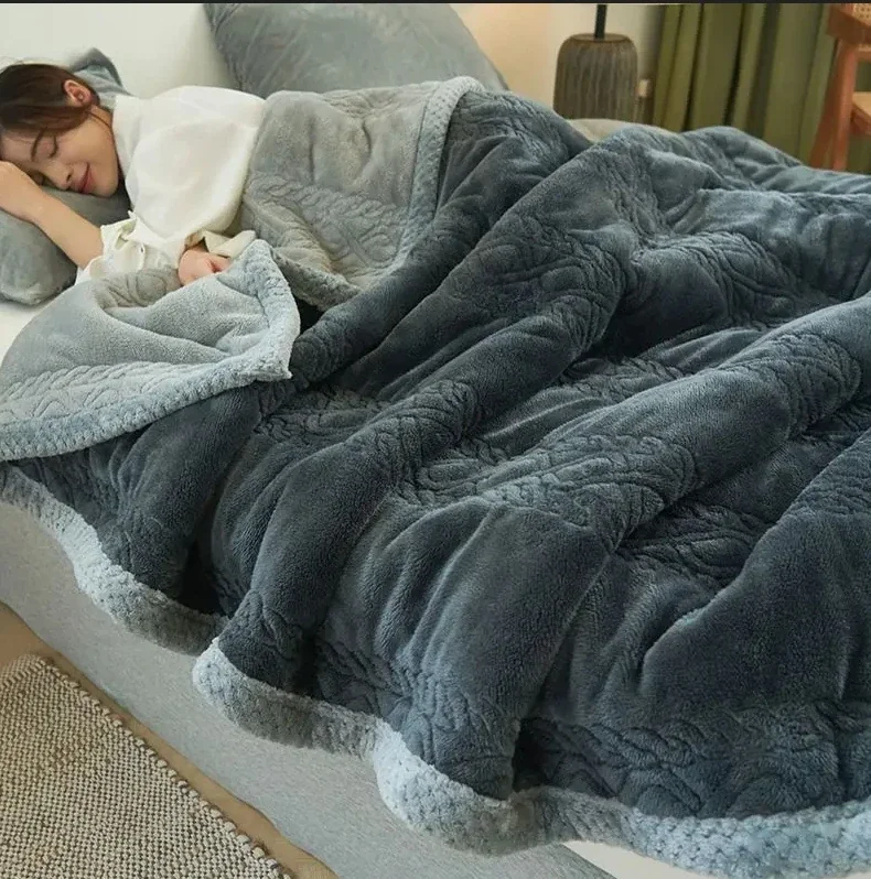 Three Layers Quilted Fleece Blankets Adult Thick Warm Winter Blankets Solid Home Super Soft Duvet Fuffy Blanket On Twin Bedding