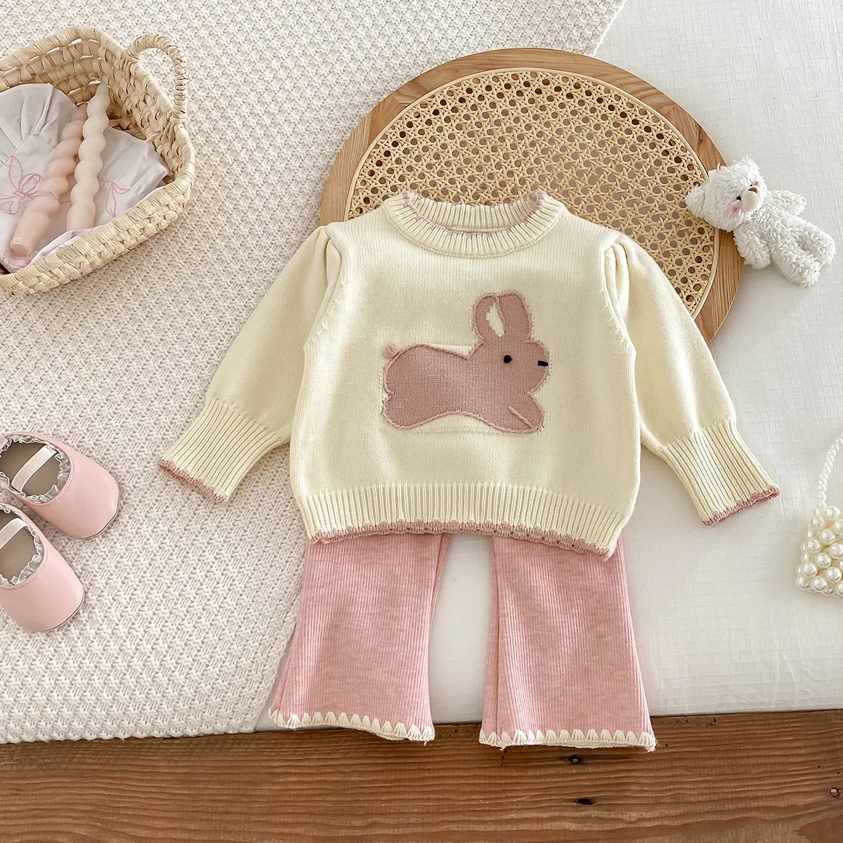 Autumn Winter 2024 Baby Girls 2PCS Knitwears Set Cotton Knitted Rabbit Sweaters Stretch Pants Suit Toddler Girls Outfits