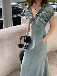 Summer Vintage Draped Design Denim Cami Dresses Women 2024 Midi V-Neck Long Frocks Party Evening Sleeveless One-Piece Clothing