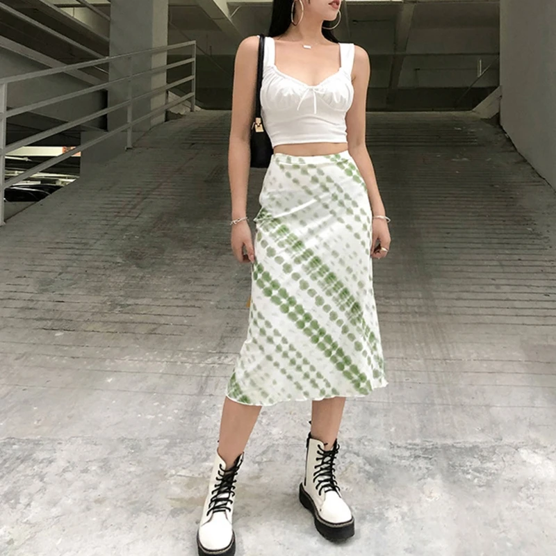 

Women Spring High Waist Midi Skirt Harajuku Aesthetic Green Tie-Dye Dot Striped Print skinny Long Straight Streetwear y2k 2000s