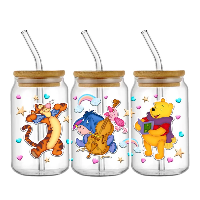 Autocollants de transfert 3D Disney Winnie l\'ourson UV DTF tasse ronde, 16oz Libbey verre bière auto-adhésif étanche adhésif en continu