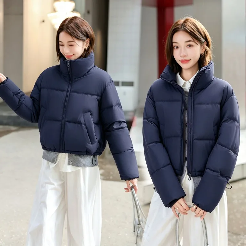 Autumn Winter Ladies Stand Collar Short Jackets Loose Windproof Thick Warm Zipper Pockets Solid Casual Korean Padded Outerwear 4