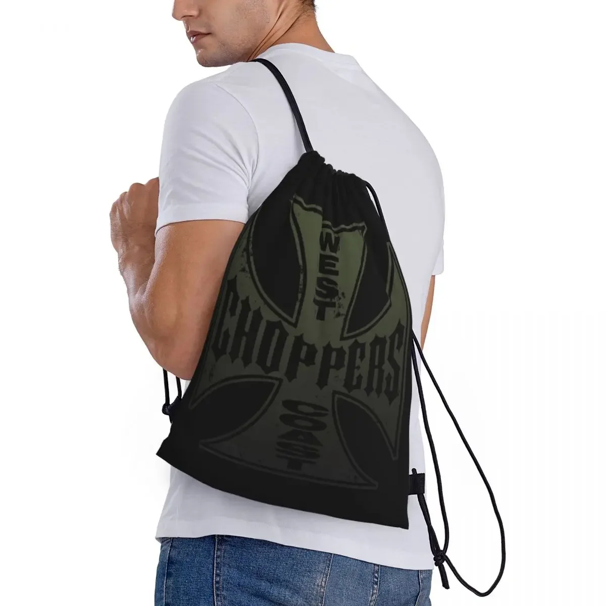 Custom West Coast Iron Cross Choppers Drawstring Bags Women Men Lightweight Sports Gym Storage Backpack