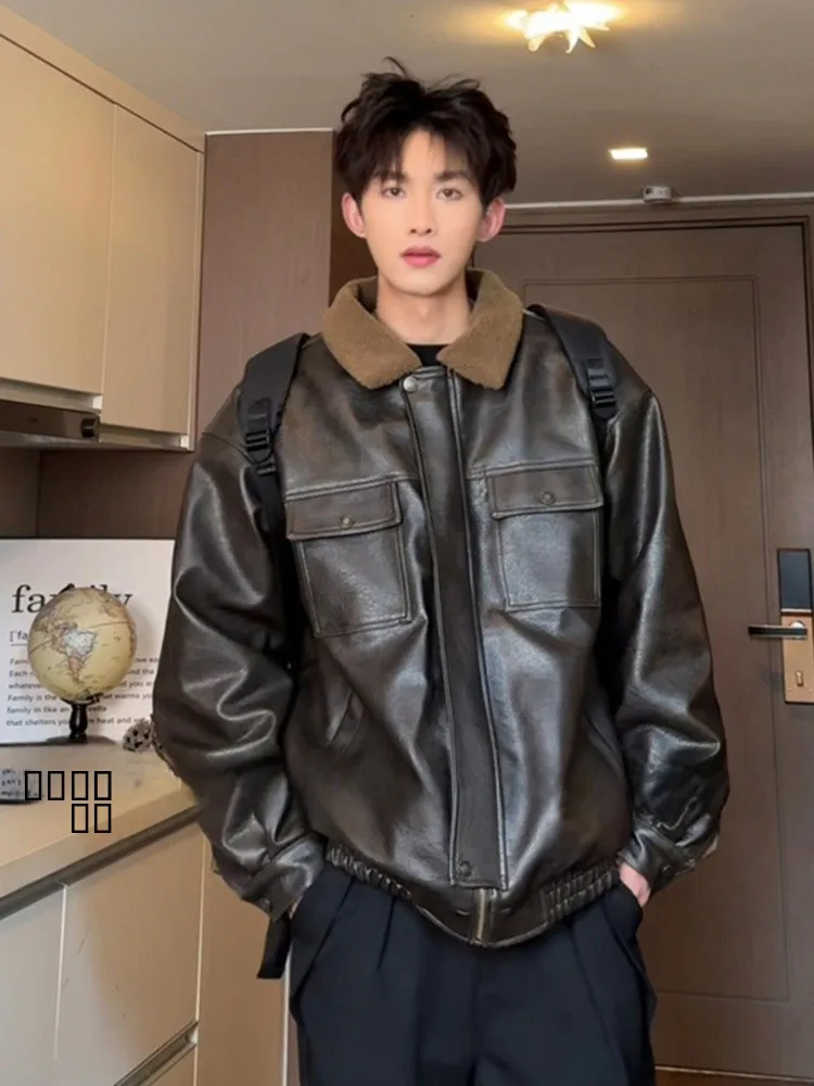 

Lamb Fur Collar Thiened PU Leather Cotton Jaet Men's Winter Sli Fce Lined Workwear Jaet American Retro Sle