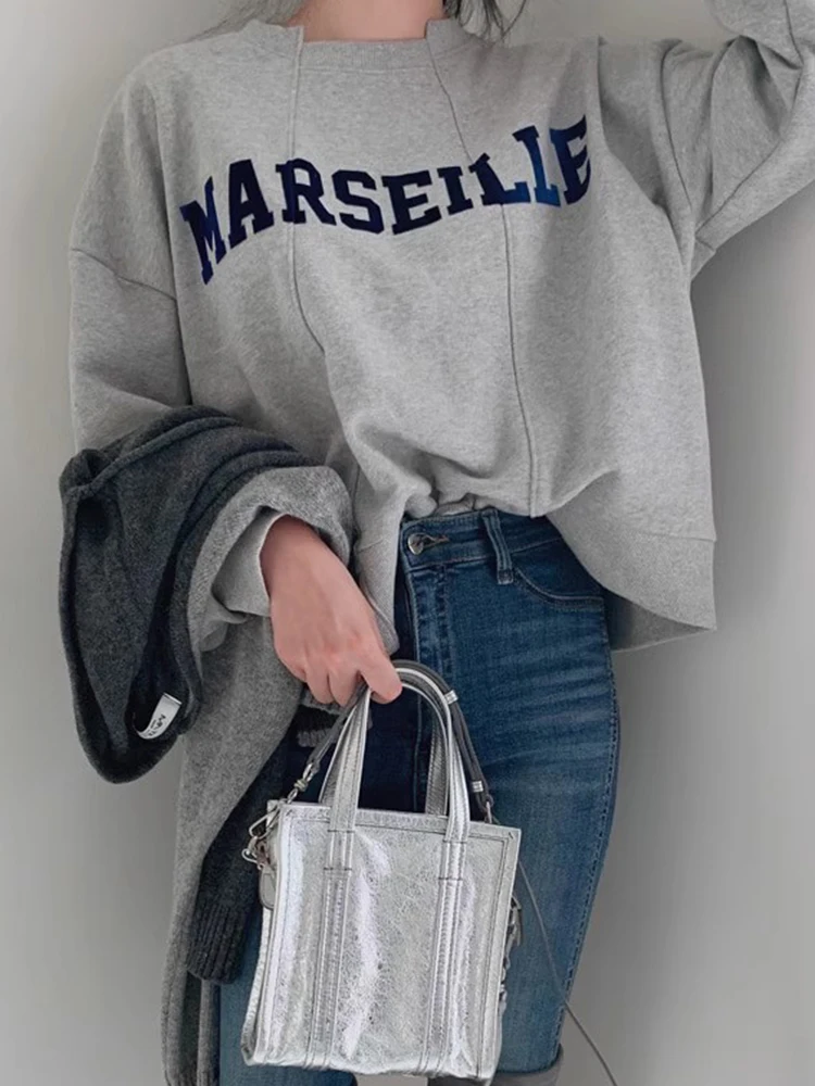 Sweat-shirt rétro paresseux rond Ne imprimé, Long, décontracté, polyvalent, ample, Streetwear pour femmes, automne hiver Chic