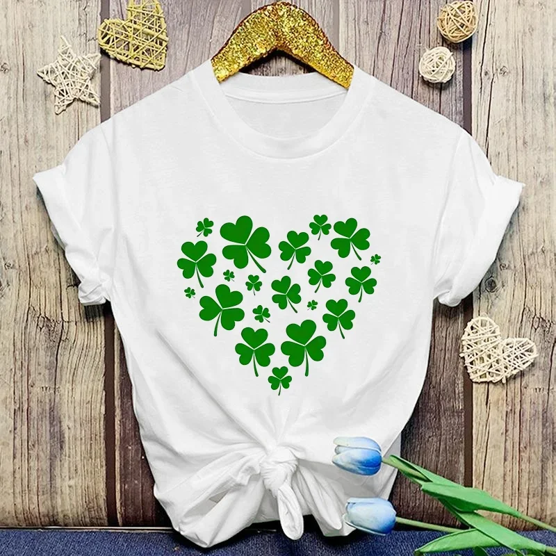 Print T Shirt Women's Personalized Creative St. Patrick's Day Heart Pattern Clover Women's Outdoor Fashion St. Patrick's Day T-S