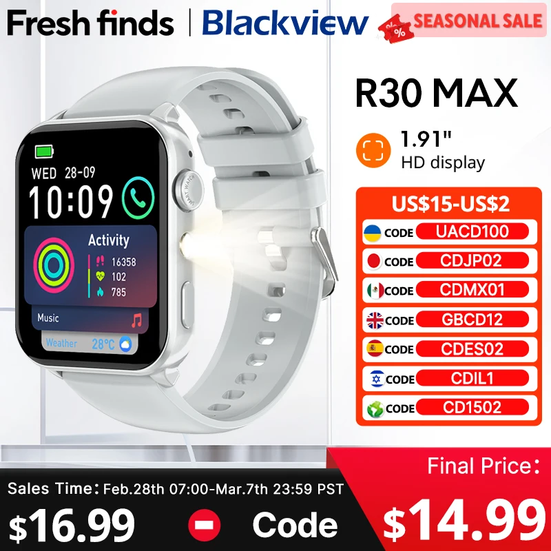 Nouveau 2025 Blackview R30 Max Smartwatch Bluetooth appel téléphonique lampe de poche LED 1.91 "Al Assistant vocal 350 mAh montre de sport