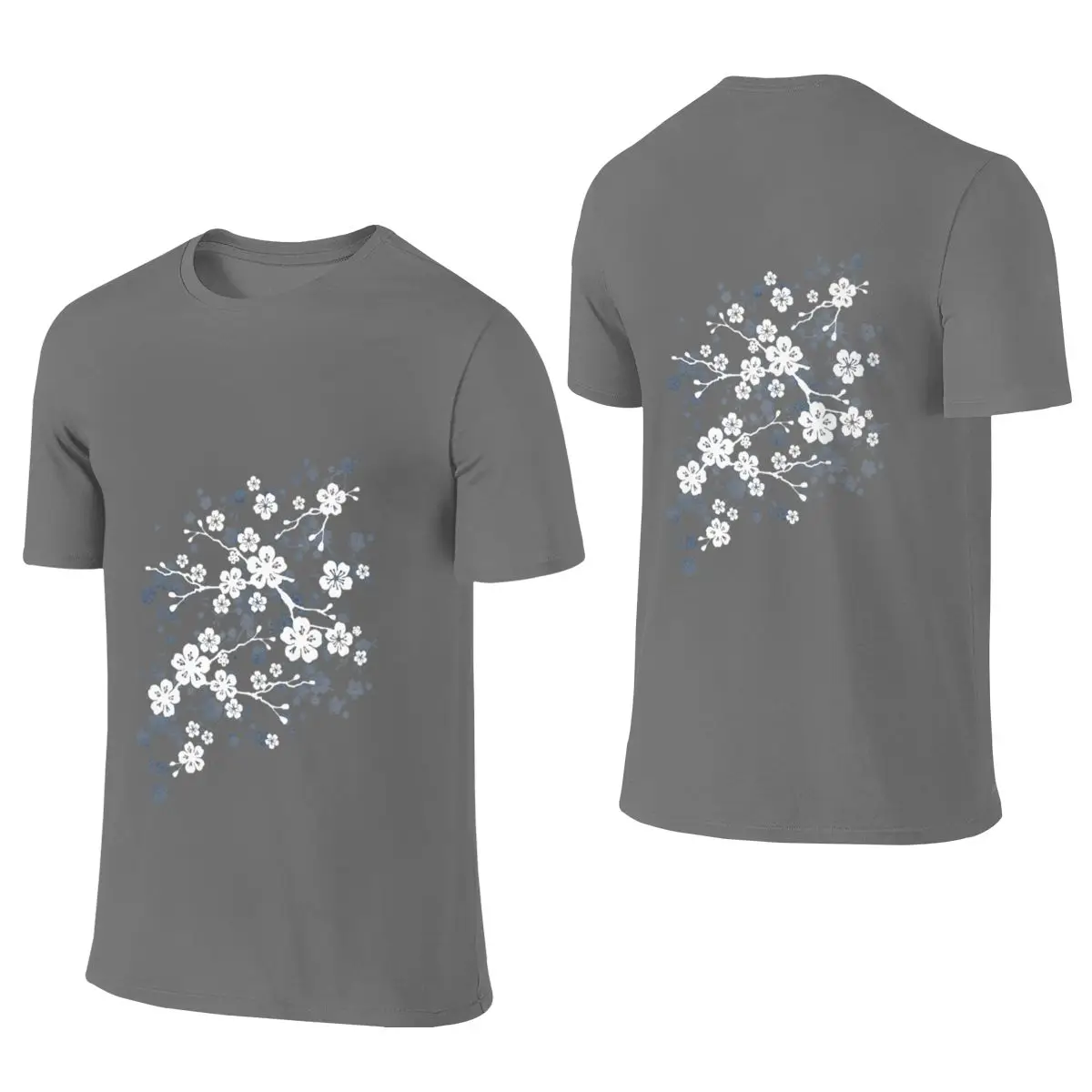 Navy And White Cherry Blossom Pattern Salt Style Reversible T-shirt Casual Girlish Feeling Solid Colors Cotton Tee