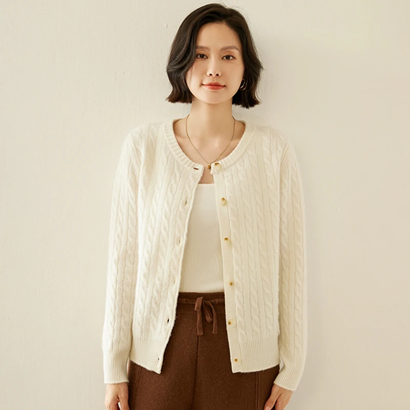 Col rond câble tricot bouton Cardigan décontracté polyvalent 2025 femmes doux pull printemps automne hiver femme hauts 100% cachemire hauts