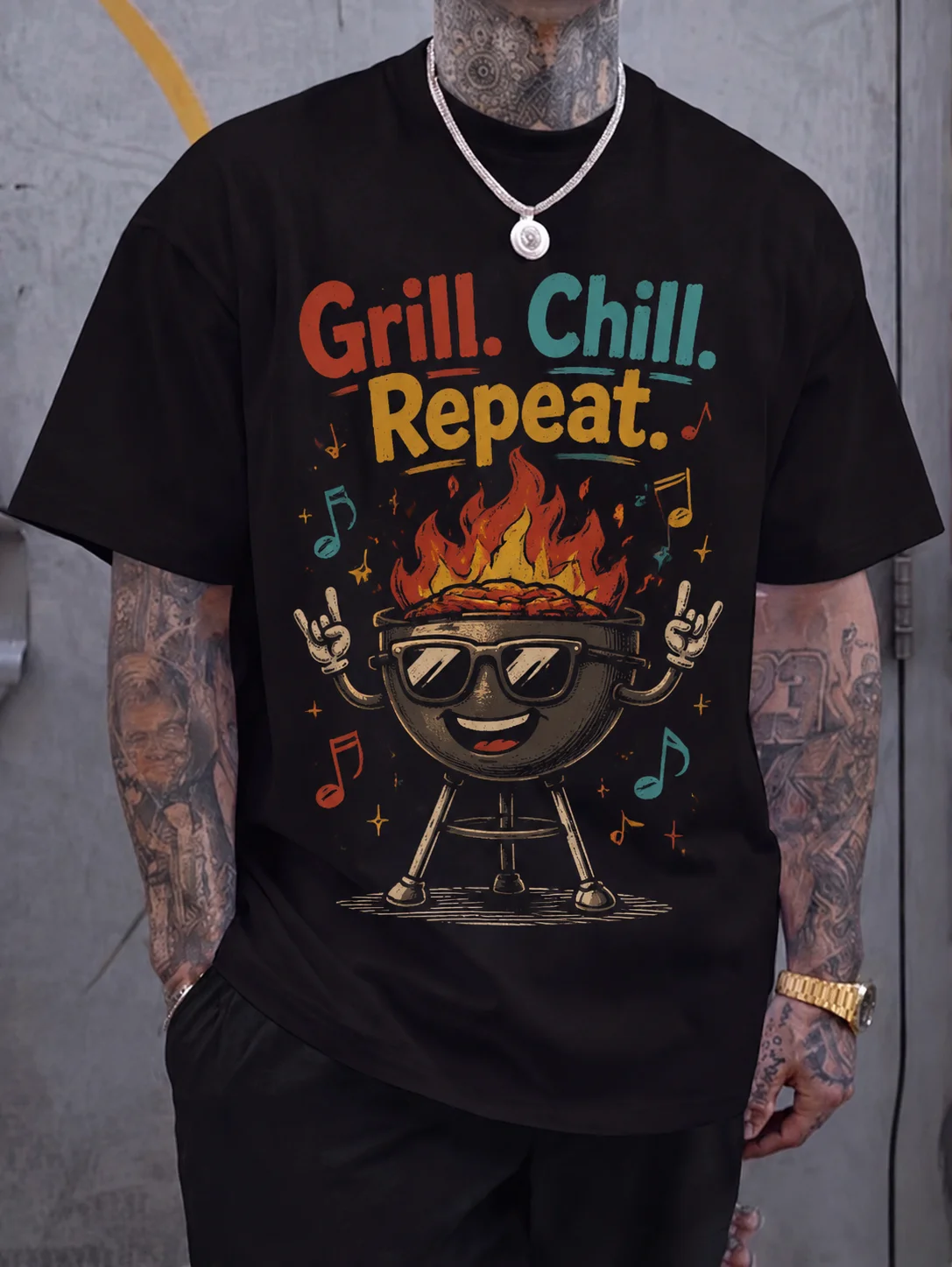 

Men Graphic Tee Short Sleeve Loose Fit Vintage Retro Bbq Grill Print with Rock Music Illustration Backyard Outdoor Streetwear