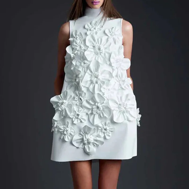 

2025 New Arrival Fashion Stand Collar Sleeveless Stereo Flower Patchwork Tie Back Sexy Party Tank Dress