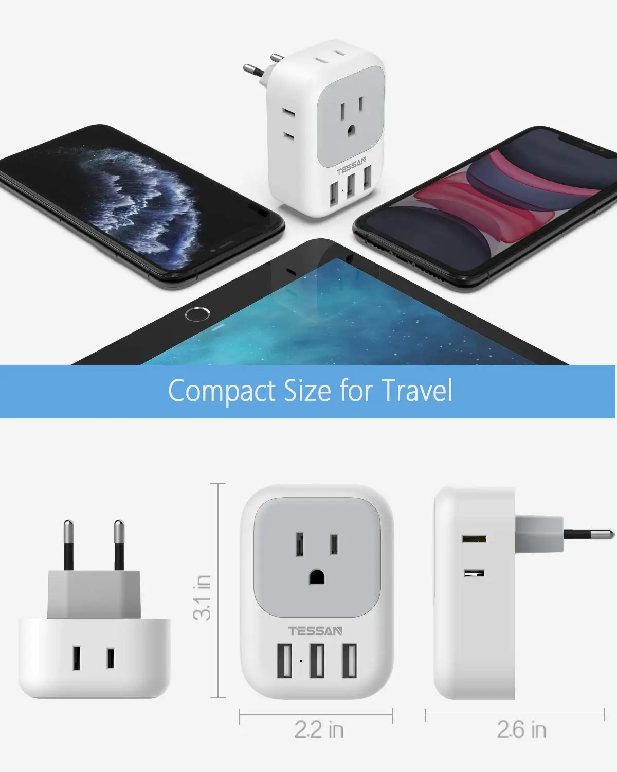 TESSAN Type C Plug Adaptor with 4 AC Outlets & 3 USB Ports, 7 in 1 European Travel Plug Adapter for Spain Italy France Germany