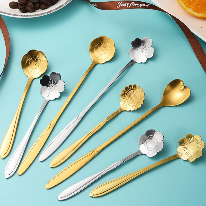 Stainless Steel Teaspoons For Coffee Floral Spoon For Ice Cream Dessert Scoop Kitchen Accessories Wedding Christmas Gift  Rose