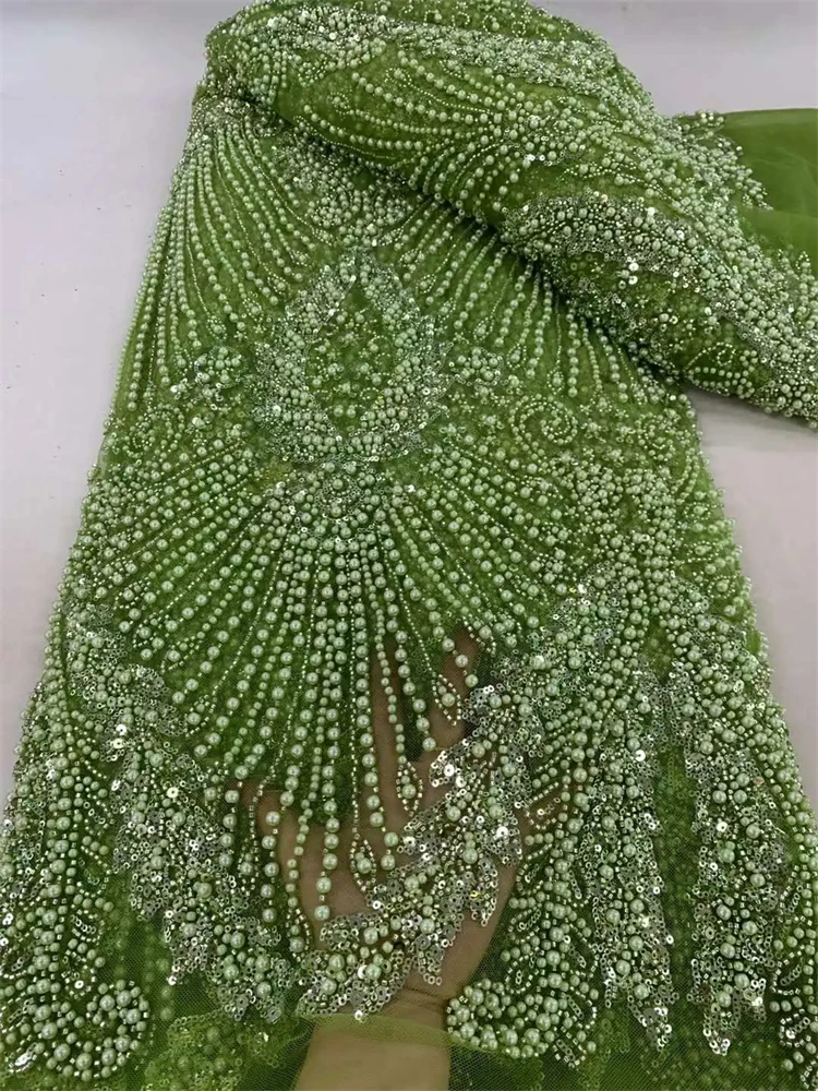 แอฟริกันHeavyลูกปัดผ้าลูกไม้ 2025 คุณภาพสูงไนจีเรียSequinsเจ้าบ่าวลูกไม้ภาษาฝรั่งเศสคําTulleผ้าสําหรับงานแต่งงานชุดเย็บ