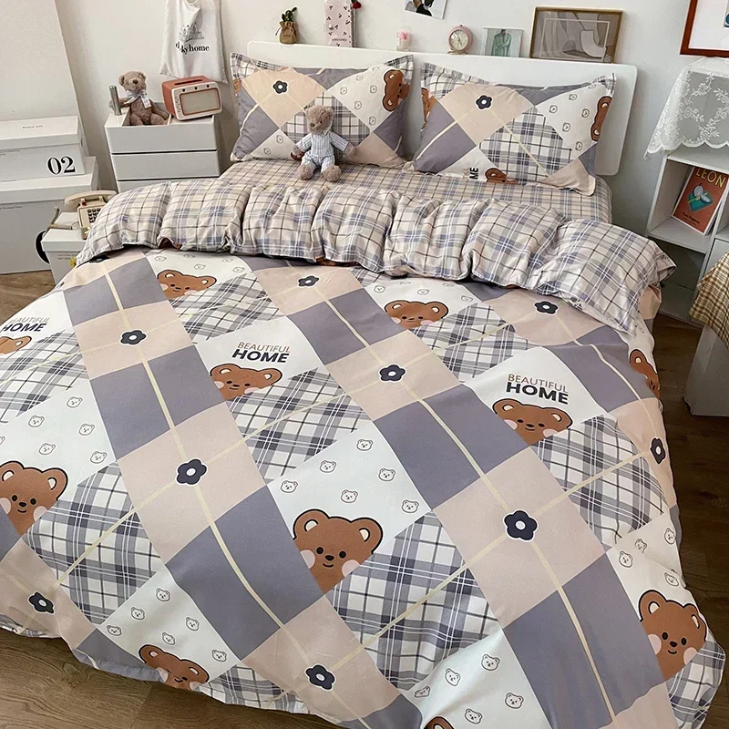 Plaid Pattern & Bear/Cattle Printed Bedding Set Floral Duvet Cover Pillowcase Set Bed Sheet Quilt Cover Single Queen King Size