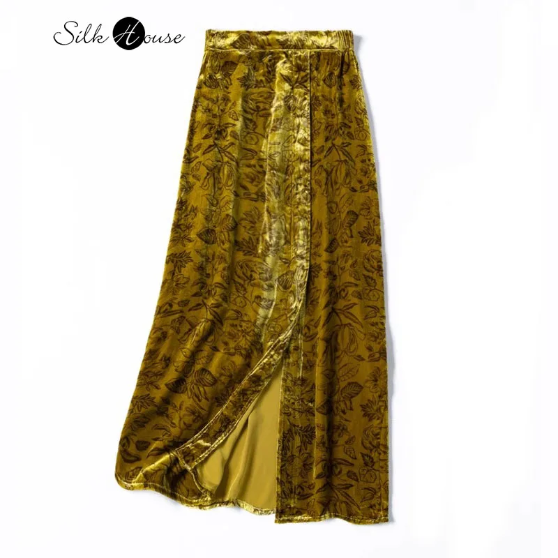 Golden Autumn Print 30% Natural Mulberry Silk Velvet Elastic Waist Women's Fashion Split Natural Waist Hip Bag Skirt