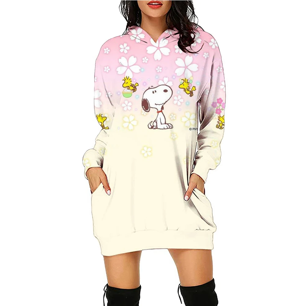 Disney Y2k Sweater Dress Kawaii Hoodie Snoopy Printed Women\'s Elegant Dress Minnie Mouse Fashion Women Knee length Sexy Long Sle