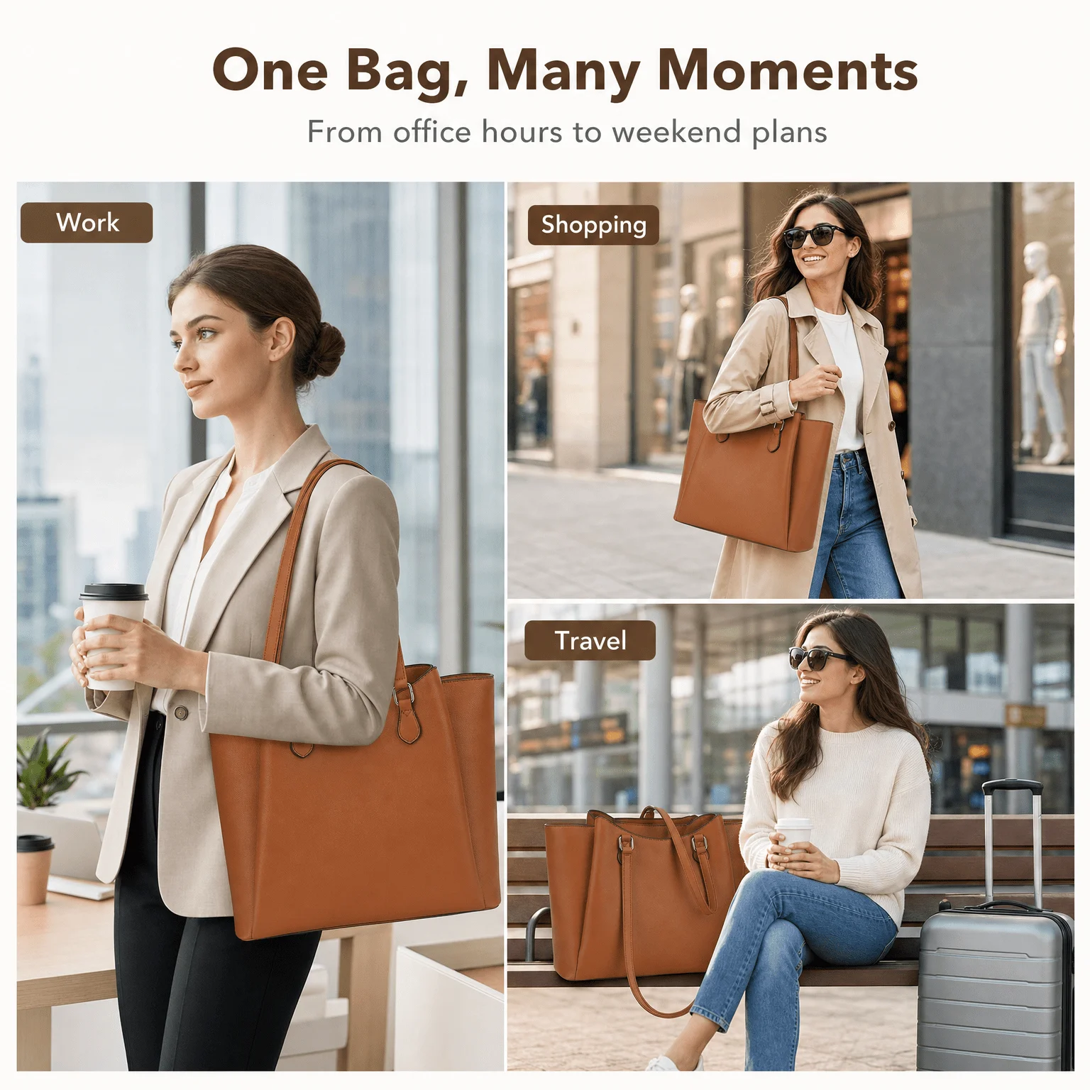 Tote Bag for Women, Large PU Leather Shoulder Handbag with Pouch, 13.5 Inch Laptop Work Travel Shopper Purse, Brown Office Use view 4