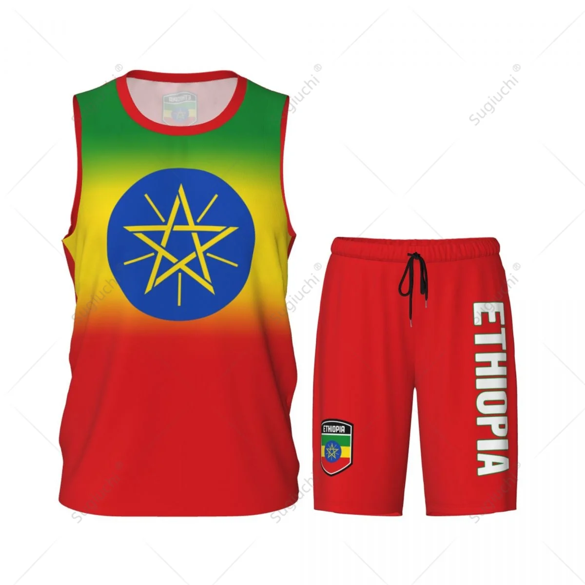 Men Ethiopia Flag Basketball Jersey Set Mesh Shirt & Pants Sleeveless Exclusive Team-up Custom Name Nunber Unisex