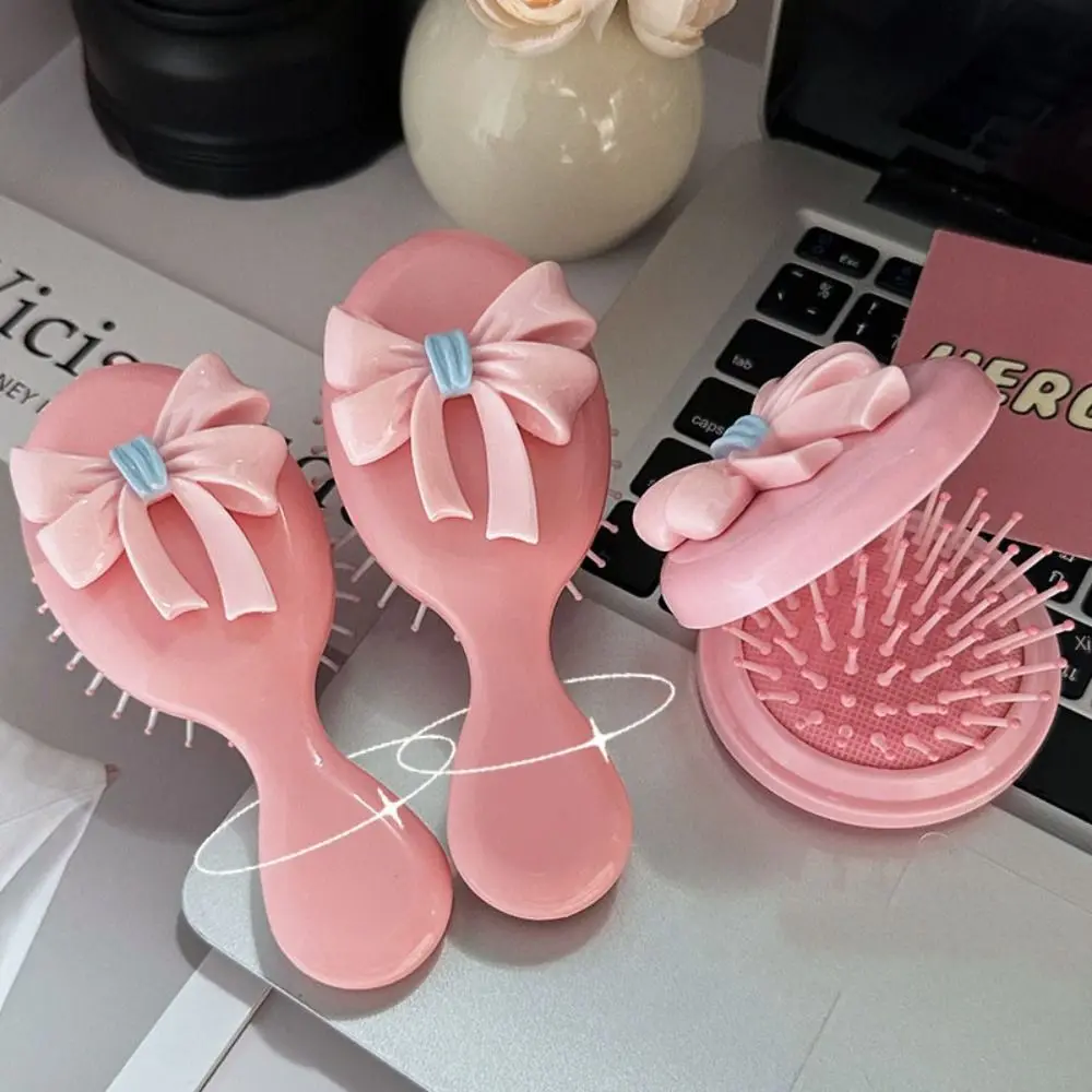 Portable Pink Round Folding Comb with Mirror Compact Bow Decor Handle Comb Anti Static Princess Style Pocket Hair Brush Women