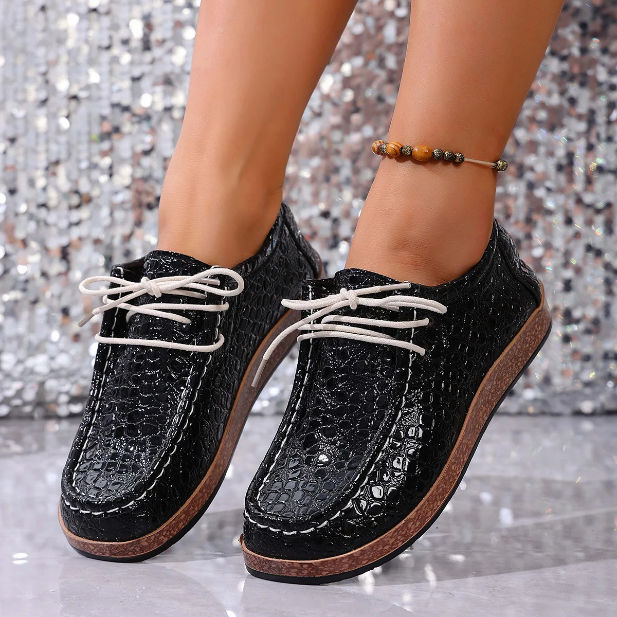 

Large-sized soft-soled casual single shoes, 2025 autumn style, square-toed lace-up casual shoes, bean shoes, comfortable