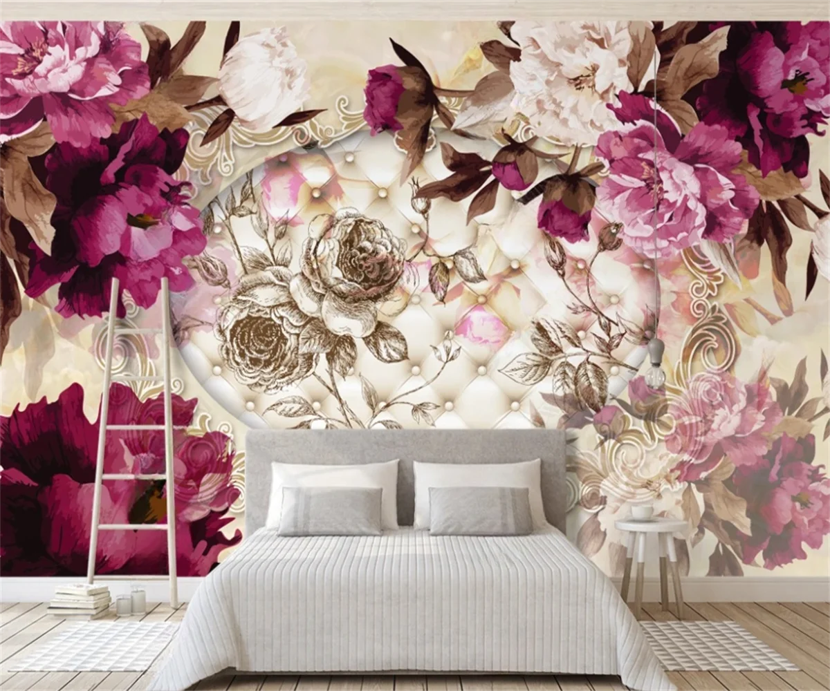 

Custom mural Hand-painted peony flowers Tiled background wall home decoration living room bedroom floral pattern 3d wallpaper