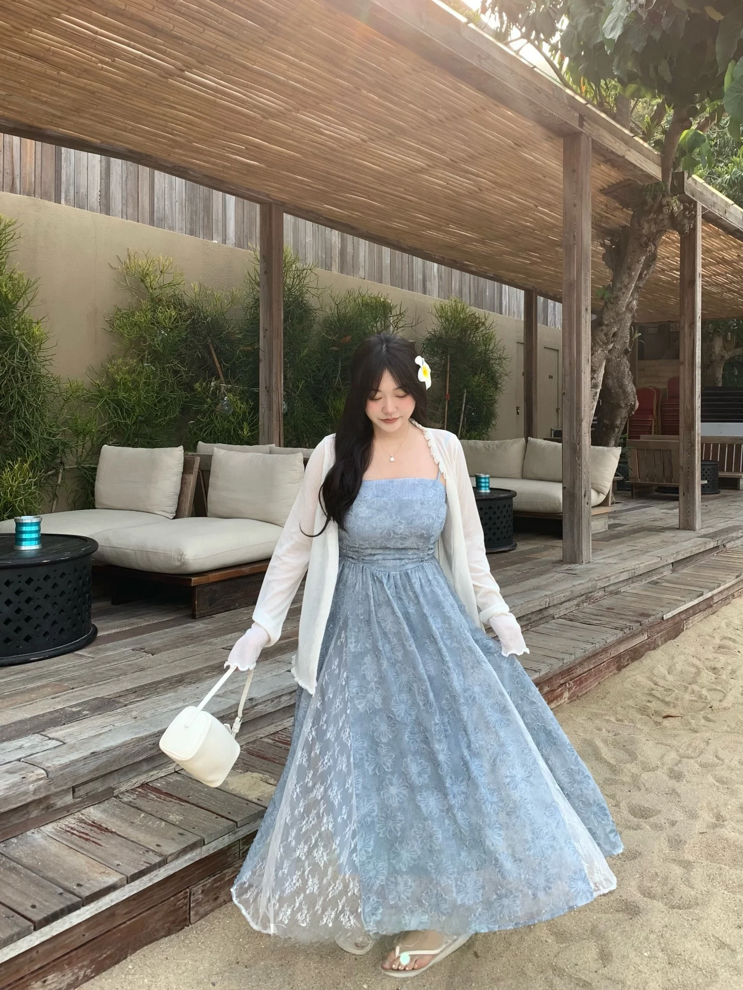 

Demaa Gentle Breeze Blue Floral Embroidery Strapless Maxi Dress Women Summer 2026 Casual Elegant A-Line Gown for Holiday