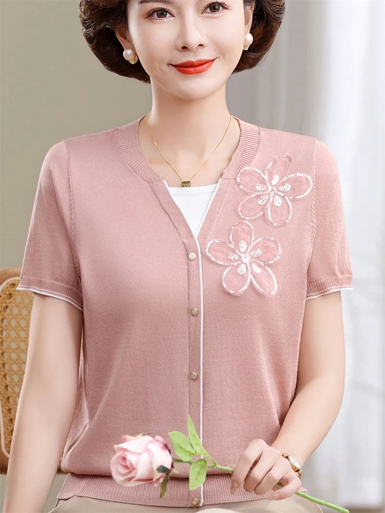 

Летняя тонкая трикотажная шелковая свободная футболка Ele Mom из двух частей, модная женская футболка для пожилых людей