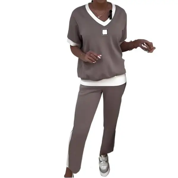 

New Fashion V-neck Short-sleeved Top + Wide-leg Pants Two-piece Sets Women Summer Casual Loose Shirt Trousers Suit For Women