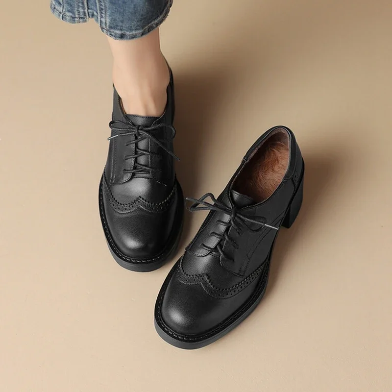 NEW Winter Women Shoes Genuine Leather Shoes for Women Round Toe Chunky Heel Women Pumps Lace-up Warm Plush Shoes Oxfords Shoes