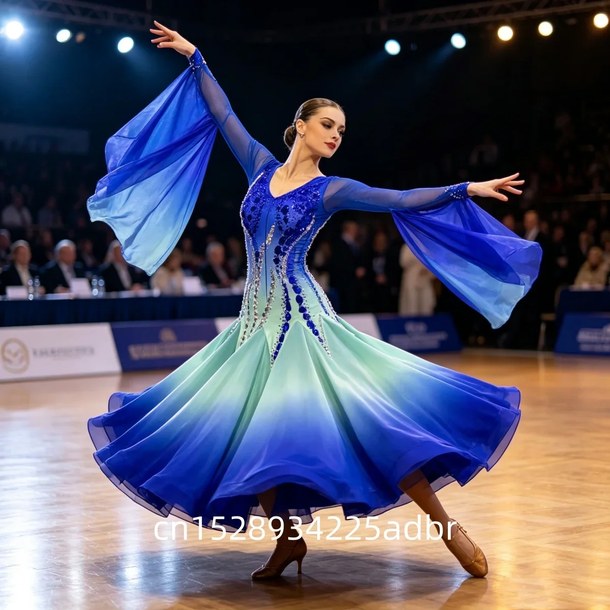 Standard Ballroom Dance Dress Gradation Colour Blue to White Standard Dancing Competition Costume Waltz Dancewear Big Winigs