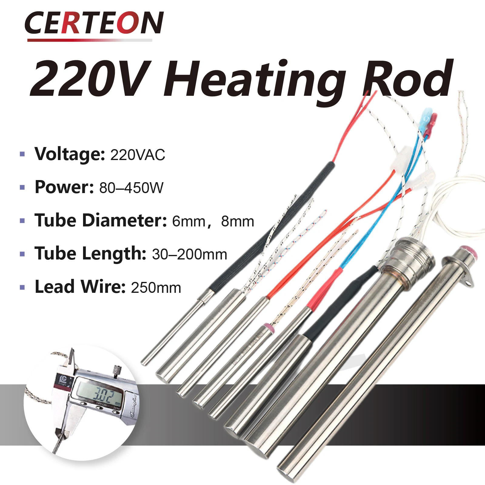 Cartridge Heater – Single Head AC 220V 800W, 16mm X 250mm Stainless Steel Heating Element