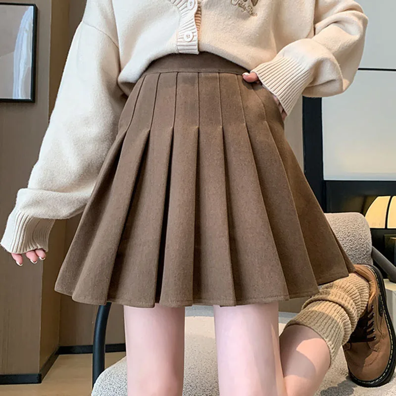 

Sexy Women's Pleated Skirts High Waist Autumn Vintage Wool Mini Skirts Pants Korean Style Dance Skirts with Pocket Female Faldas