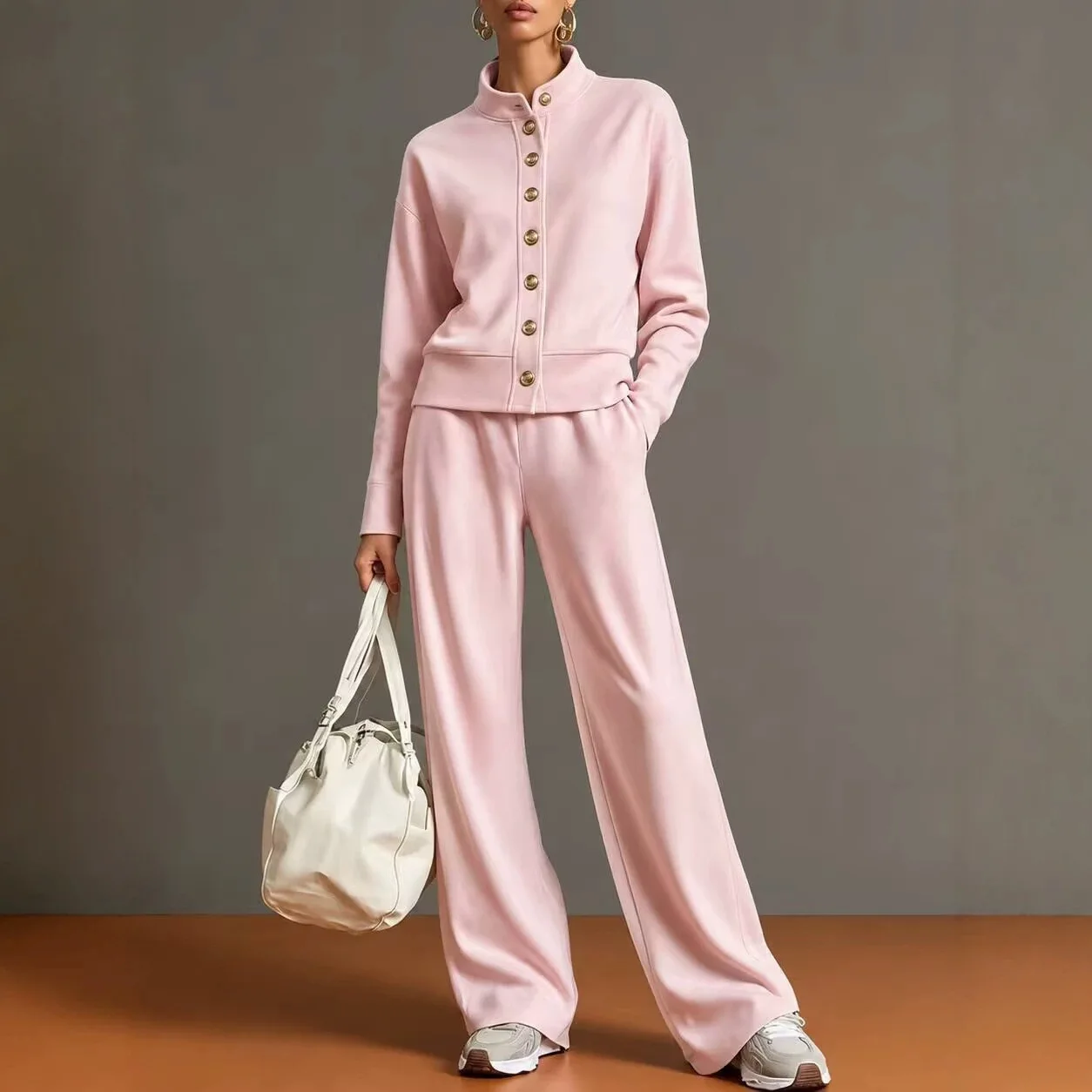 Long Sleeve Loose Jacket High Waist Wide Leg Sweat Pants Casual Tracksuit Set Women Stand Collar Button Cardigan Two Piece Set